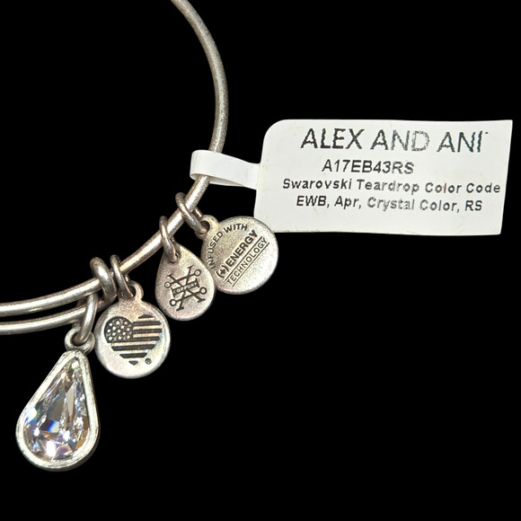 Alex and Ani Swarovski Clear Crystal Teardrop April Silver Tone Bangle Bracelet - Picture 1 of 5
